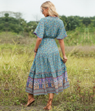 Bohemian pendulum V-neck beach holiday lace-up printed dress