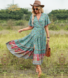 Bohemian pendulum V-neck beach holiday lace-up printed dress