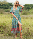 Bohemian pendulum V-neck beach holiday lace-up printed dress
