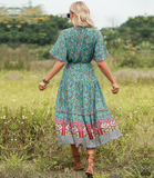 Bohemian pendulum V-neck beach holiday lace-up printed dress