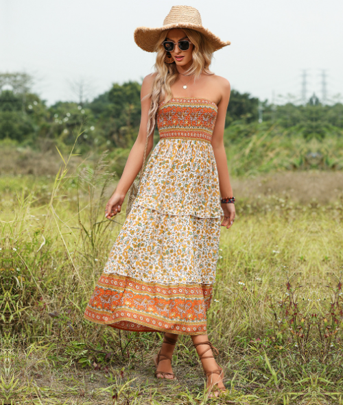 2flounced floral skirt Bohemian tube top dress