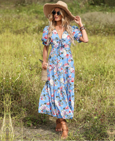 bow V-neck short sleeve waist floral long dress