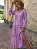 new V-neck printed long skirt high waist long sleeve split dress