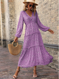 new V-neck printed long skirt high waist long sleeve split dress