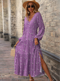 new V-neck printed long skirt high waist long sleeve split dress