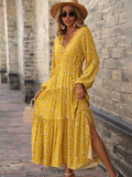 new V-neck printed long skirt high waist long sleeve split dress