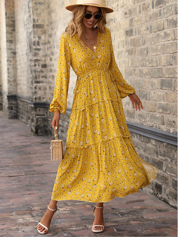 new V-neck printed long skirt high waist long sleeve split dress
