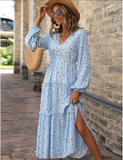 new V-neck printed long skirt high waist long sleeve split dress