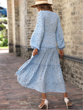 new V-neck printed long skirt high waist long sleeve split dress