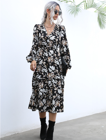 printed big swing dress V-neck bubble sleeve long dress