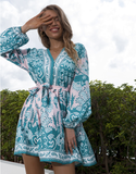 printed V-neck single-breasted lantern sleeve strap long-sleeved dress