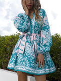 printed V-neck single-breasted lantern sleeve strap long-sleeved dress