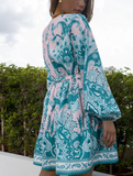 printed V-neck single-breasted lantern sleeve strap long-sleeved dress