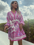 printed V-neck single-breasted lantern sleeve strap long-sleeved dress