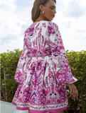 printed V-neck single-breasted lantern sleeve strap long-sleeved dress