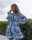 printed V-neck single-breasted lantern sleeve strap long-sleeved dress