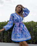 printed V-neck single-breasted lantern sleeve strap long-sleeved dress