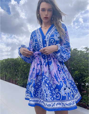 printed V-neck single-breasted lantern sleeve strap long-sleeved dress