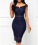2023V I-neck short sleeve back zipper lace dress