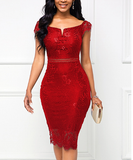 2023V I-neck short sleeve back zipper lace dress