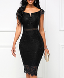 2023V I-neck short sleeve back zipper lace dress