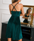 Golden velvet dinner dress waist sexy V-neck sling dress