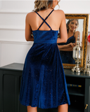 Golden velvet dinner dress waist sexy V-neck sling dress