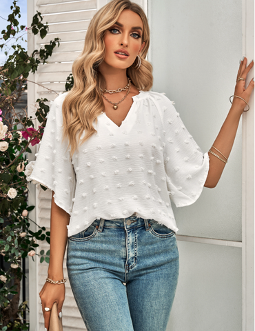 casual style V-neck solid color fur ball top