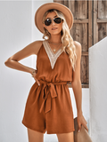 casual lace V-neck sleeveless belt jumpsuit
