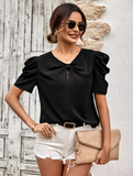 new solid color bubble sleeve V-neck slim top