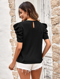 new solid color bubble sleeve V-neck slim top