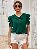 new solid color bubble sleeve V-neck slim top