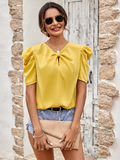 new solid color bubble sleeve V-neck slim top