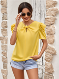 new solid color bubble sleeve V-neck slim top