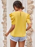 new solid color bubble sleeve V-neck slim top