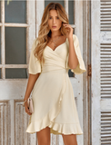 V neck solid color waist ruffled summer dress