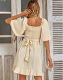 V neck solid color waist ruffled summer dress