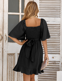 V neck solid color waist ruffled summer dress