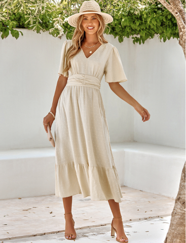Leisure V-neck Lotus Leaf Sleeve Solid Color Dress