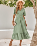 Leisure V-neck Lotus Leaf Sleeve Solid Color Dress