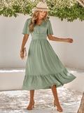 Leisure V-neck Lotus Leaf Sleeve Solid Color Dress