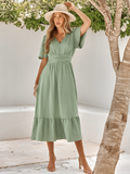 Leisure V-neck Lotus Leaf Sleeve Solid Color Dress