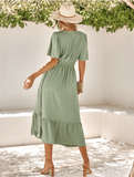 Leisure V-neck Lotus Leaf Sleeve Solid Color Dress