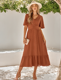 Leisure V-neck Lotus Leaf Sleeve Solid Color Dress