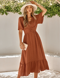 Leisure V-neck Lotus Leaf Sleeve Solid Color Dress