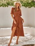 Leisure V-neck Lotus Leaf Sleeve Solid Color Dress