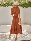Leisure V-neck Lotus Leaf Sleeve Solid Color Dress