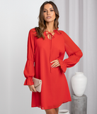 loose flared sleeve solid color openwork dress