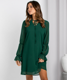 loose flared sleeve solid color openwork dress