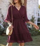 new V-neck solid color polka-dot chiffon dress